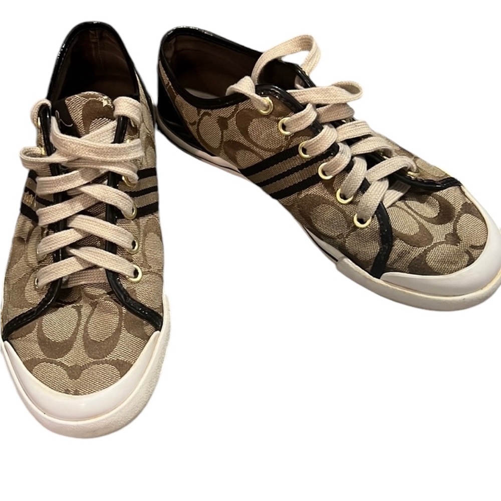COACH SNEAKERS EUC SZ 7.5 tan and brown - Picture 1 of 8